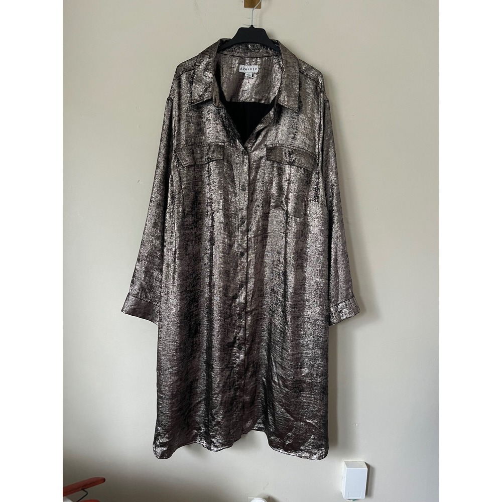 Ava & Viv Metallic Silver Button Front Shirt Dress Long Sleeve Party Midi 2X - Picture 2 of 7